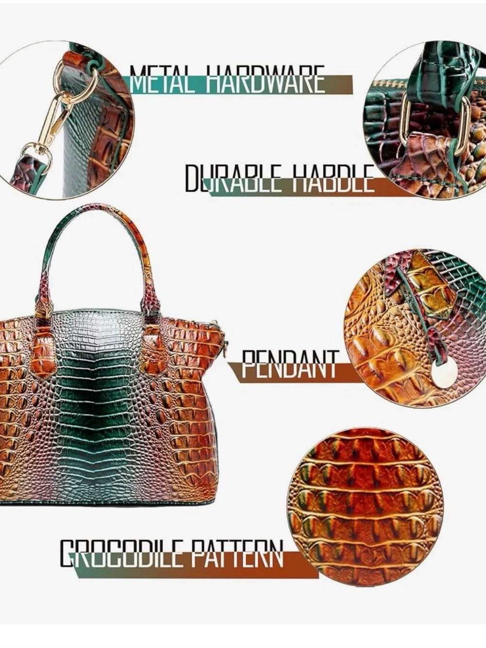 Multicolor Embossed Vegan Leather Croc Tote Bag Blue- Green/Bronze Peacock